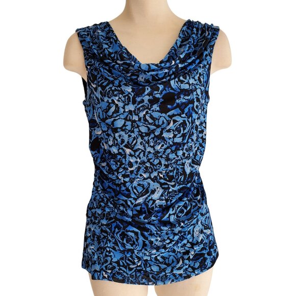 Cable & Gauge Mesh Lined Drape Neck Ruched Waist Sleeveless Blouse Blue Black M - Picture 1 of 13